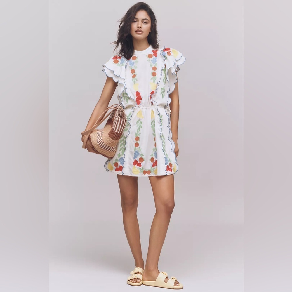 FARM Rio White Mini Dress with Red, Yellow & Green Floral Embroidery - Picture 3 of 9